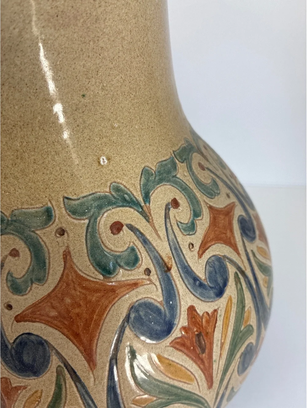 Vintage 12” Hand Painted Art Pottery Jug Majolica Style Floral Pitcher Signed